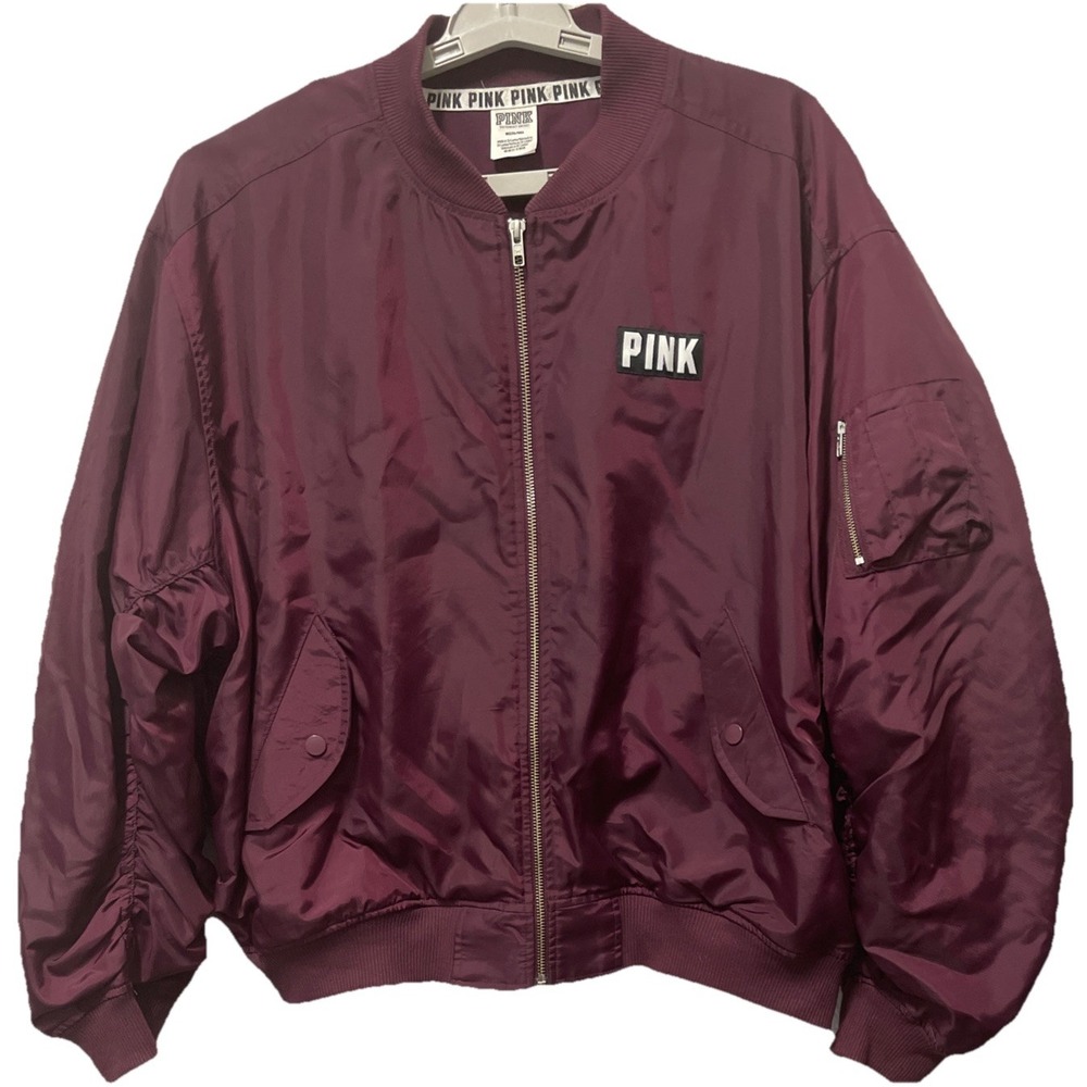VICTORIA'S SECRET PINK Full Zip Flight Bomber Jacket Burgundy Coat Medium